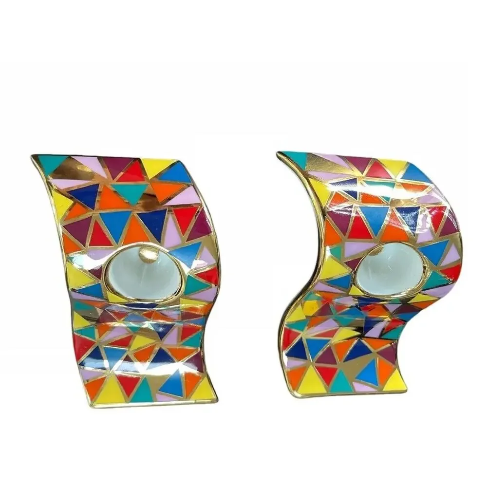 Zvezdin’s Workshop Wave Candle Holders Hand Painted Design Avant Grade RARE $270